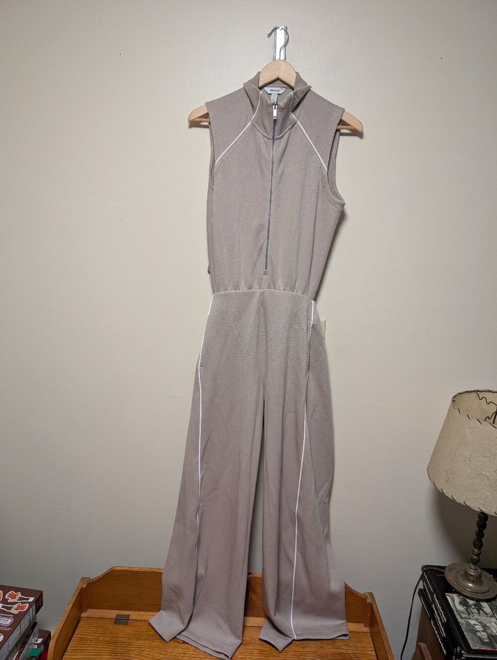 SPANX AirEssentials Sleeveless Wide Leg Jumpsuit Medium Taupe Half Zip